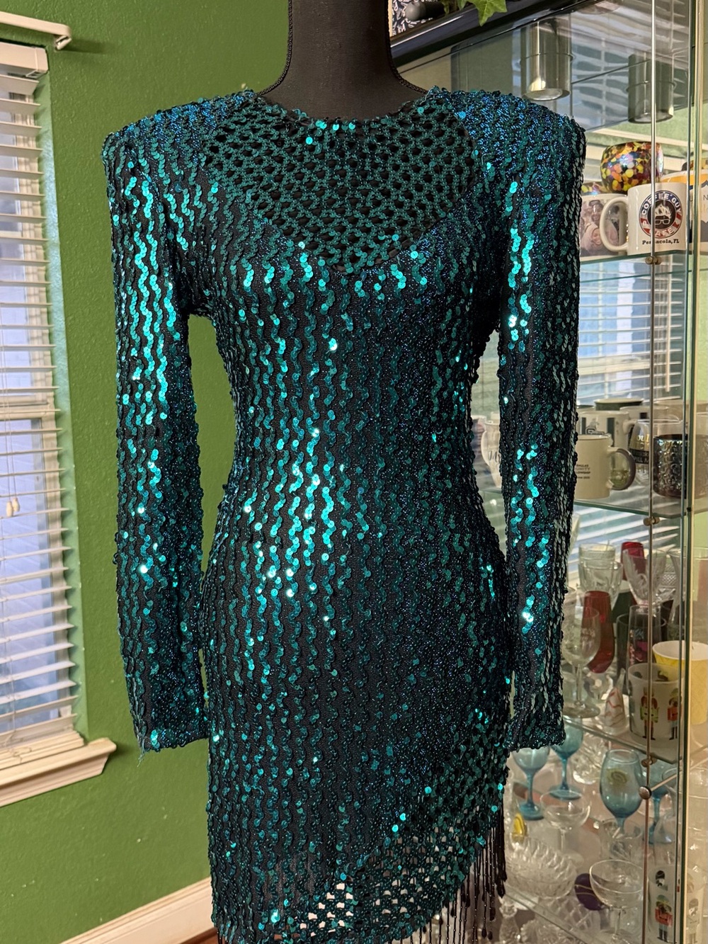 Teal Sequin Long-Sleeve Bodycon Dress